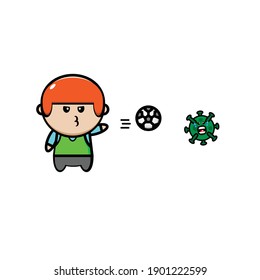Vector design of short haired boy throwing corona virus with ball