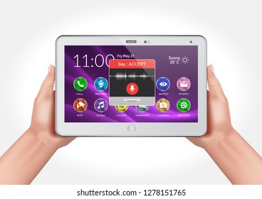 Vector design showing hands holding a multi-functional tablet with voice activated application assistant