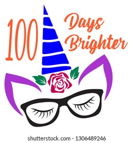 Vector design showing unicorn wearing eyeglasses surrounded by 100 Days Brighter quote