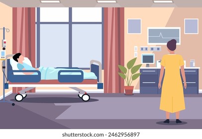 Vector Design of Sick Patient with Female Nurse in Hospital Inpatient Room