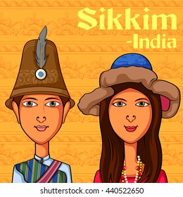 Vector design of Sikkimese Couple in traditional costume of Sikkim, India