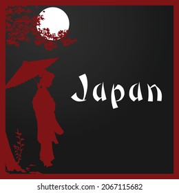 Vector design of silhouette geisha with umbrella under the moonlight, Beauty with umbrella in the moonlight.