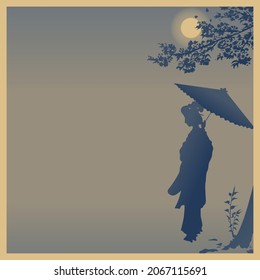 Vector design of silhouette geisha with umbrella under the moonlight, Beauty with umbrella in the moonlight.