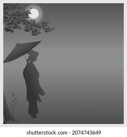 Vector design of silhouette geisha with umbrella under the moonlight, Beauty with umbrella in the moonlight.