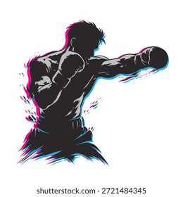 Diseño de Vector de una silueta de un hombre boxeando, glitch de color rosa y azul