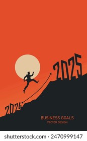 vector design of a silhouette man jumping over the year 2024 to reach goals in 2025, symbolizing business success and ambition.