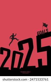 vector design of a silhouette man jumping over the year 2024 to reach goals in 2025, symbolizing business success and ambition.