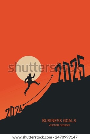 vector design of a silhouette man jumping over the year 2024 to reach goals in 2025, symbolizing business success and ambition.