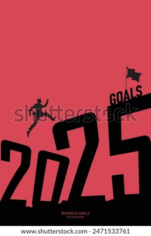 vector design of a silhouette man jumping over the year 2024 to reach goals in 2025, symbolizing business success and ambition.