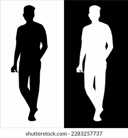 silueta de diseño vectorial de un hombre de pie en blanco y negro con las manos en los bolsillos de sus pantalones