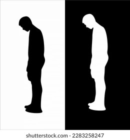 vector design silhouette of a man standing on a black and white background with his hands in his pockets and contemplating