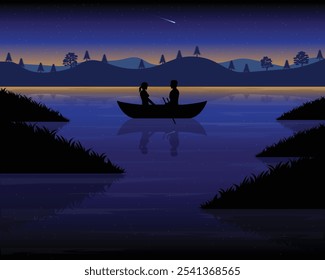 vector design of a silhouette of a night view of a lake with a starry sky, trees and grass and a couple riding a boat on the lake