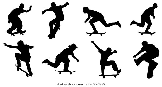 Vector design of silhouette pose of people playing skateboard