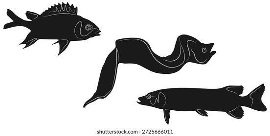 Diseño de Vector de silueta de dos peces de mar y anguila