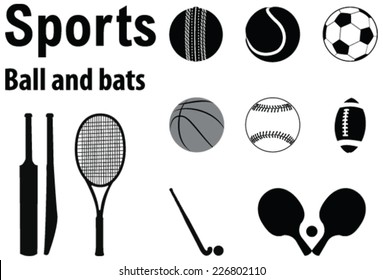 Vector design silhouette of various sports balls and bats