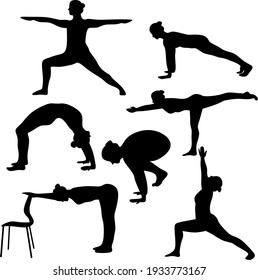 Vector design of silhouettes slim woman doing yoga poses. Set of yoga positions.