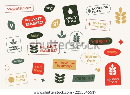 Vector Design Of Simple Icons for Dietary Requirements, Gluten Free, Egg, Nut, Low Fodmap, Vegan, Vegetarian. Healthy Eating Labels for Restaurants Cafes and Menus