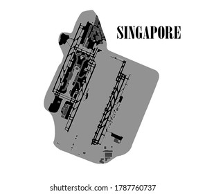 Vector design of Singapore airport map preview from the top. Sketch contains runways, taxi ways, buildings and fields. Design of monochromaic concept (black and white).