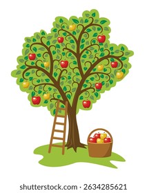 vector design of single apple tree with fruits, basket and ladder