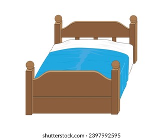 vector design of a single-body bed made of brown wood with white and blue sheets with 3d isometry angles
