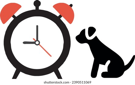 diseño vectorial de perro sentado y reloj despertador. ilustración vectorial