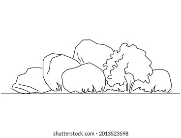 Vector design sketch of a collection of large rocks and a small tree