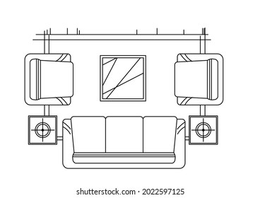 Esbozo de diseño vectorial de un sofá y una mesa y alfombra caros