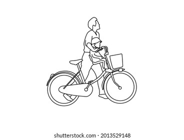 Vector design of sketch of a father taking his son playing in the park on a bicycle