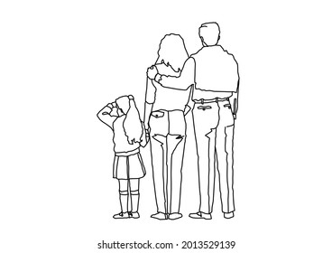 Vector design of sketch of husband and wife and their child looking at the scenery