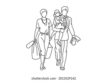 Vector design sketch of a husband and wife and their child going on vacation