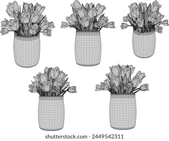 Vektorgrafik Design Skizze Illustration einer wunderschönen Zierbonsai-Pflanze mit breiten Blättern in einem Topf für die Heiminnenraumtischdekoration