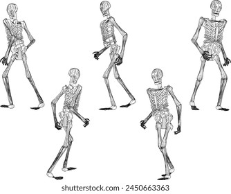 Ilustración de boceto de diseño de Vector de un esqueleto de cráneo humano corriendo