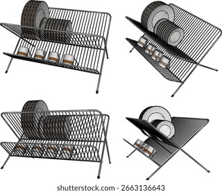 Vector design sketch illustration of a stainless steel plate and glass rack