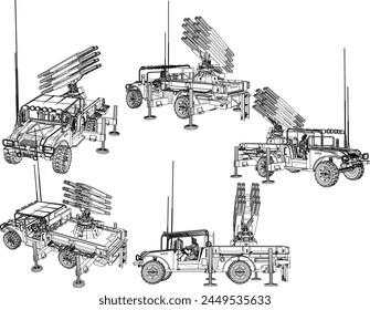 Vektorgrafik Design Skizze Illustration eines Weltkriegs-Kampffahrzeugs mit Raketenzerstörungswaffen