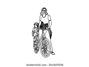 Vector design of sketch of a mother carrying a bicycle with her child