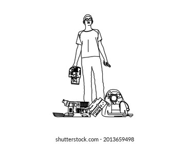 Vector design of sketch of a person and his luggage