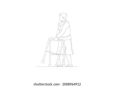 Vector design of a sketch of a person learning to walk with a walker