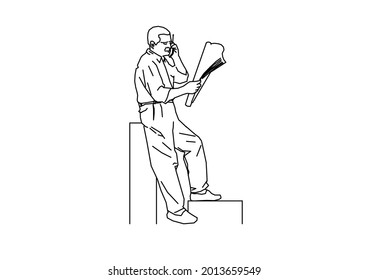 Vector design of a sketch of a person on the phone and reading the newspaper
