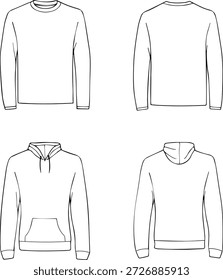 Diseño de Vector, boceto o Plan de una camisa de manga larga y sudadera con capucha - Vista frontal y trasera
