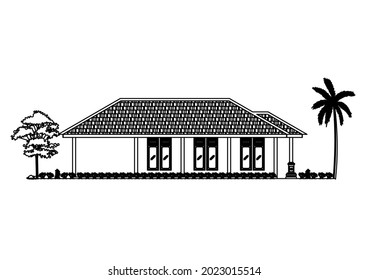 Esbozo de diseño vectorial o vista lateral derecha de casas residenciales y jardines alrededor de la casa