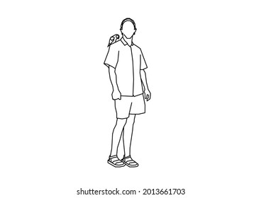 Vector design of sketch of a teenage boy and a bird on his shoulder