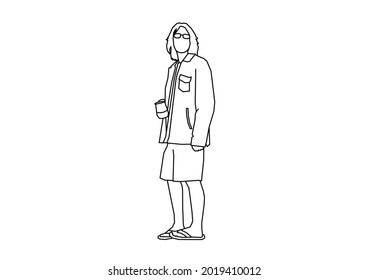 Vector design sketch of a teenage boy holding a coffee drink