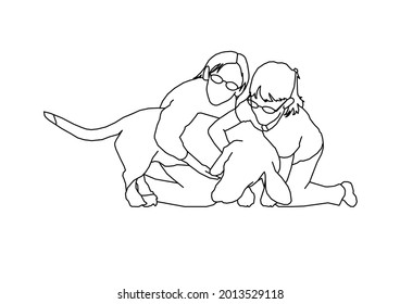 Vector design of sketch of two children playing with their dog