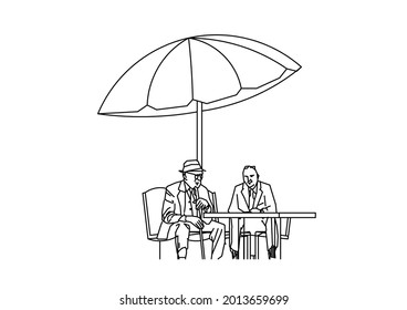 Vector design of sketch of two more people taking shelter under a big umbrella and sitting on a chair