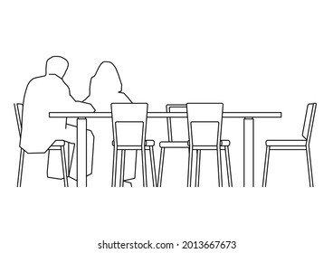 Diseño vectorial de boceto de dos personas, mesa y sillas