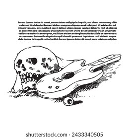 vector design, skull and guitar lying on the ground, black and white.
