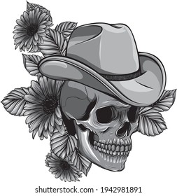 Vector design of skull with hat and flower