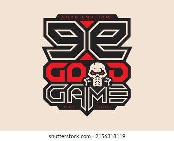 Un diseño vectorial de un cráneo con ojos rojos y texto "buen juego" y buenas emociones sobre fondo beige
