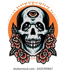 Vector Design of Skull and Rose for Halloween Decoration Tattoo, Sticker, T-shirt