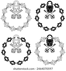 Vector design skull shaped padlock with keys and cutting chains, circle with chain and skull shaped padlock for dungeons